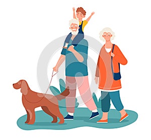 Elderly couple walking with grandson and dog