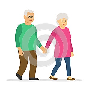 Elderly couple walking holding hands. Grandparents together. Grandmother and grandfather, aged people. Pensioners