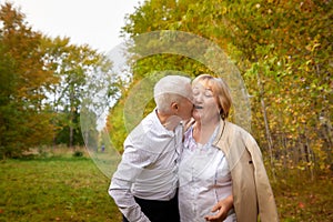 Elderly couple walking in the park on an autumn day