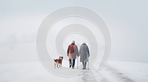 Elderly couple walking on a snowy country road with their dog. Old man and woman taking a walk. Generative AI