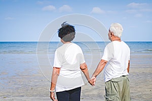 Elderly couples shake hands at the beach to relax after retirement