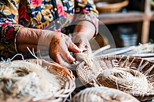 Elderly Cuban woman weaving basket on table. Crop shot