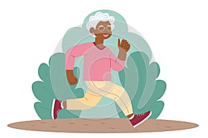 elderly cute woman is running in the park. Healthy lifestyle. Vector illustration