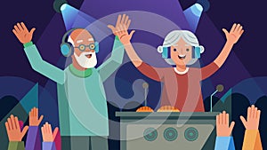The elderly DJs end their set with a crowd favorite taking a bow and receiving a standing ovation from the audience photo