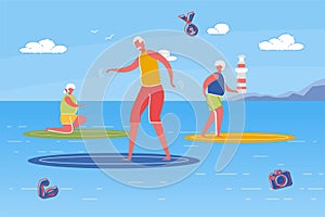 Elderly Energetic Men and Women Riding Surfboard.