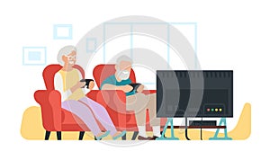 Elderly family playing video games on TV console. Grandma and grandpa relax together at home. Mature people sitting on