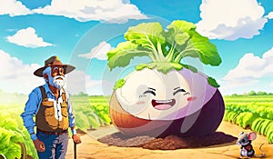 An elderly farmer grew a large turnip