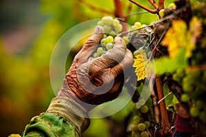 Elderly farmer tenderly cares for grapevines in vineyard