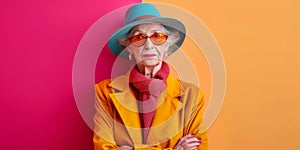 Elderly Fashionista Grandma Poses Hilariously For Stylish Event On Vibrant Backgrounds photo