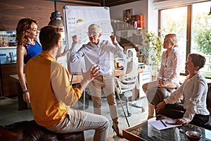 An elderly female boss is angry on her young male colleague while holding a meeting at workplace. Business, office, job