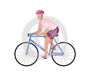 Elderly female character riding bicycle in sportswear. Happy sportswoman cycling isolated on white. Healthy and active