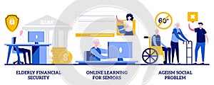 Elderly financial security, online learning for seniors, ageism social problem concept with tiny people. Older people lifestyle