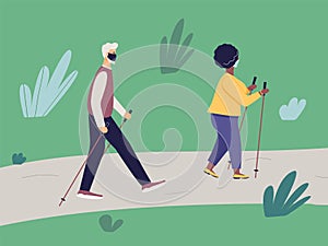 Elderly fit man and african woman engaged in Nordic walking with sticks on path in park. Old athletic male and plump fashionable