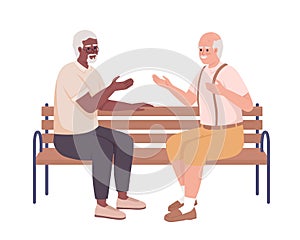 Elderly friends having conversation on bench semi flat color vector characters