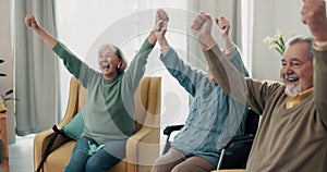 Elderly friends, home and watching tv with celebration, happy and fist in air with man, women and sport fans. Senior