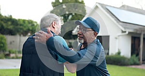 Elderly friends, hug and greeting outdoor by house, connection and meeting together. Senior men, handshake and embrace
