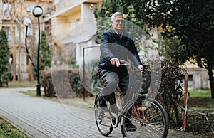 An elderly gentleman with glasses rides a bicycle through a quiet park, exemplifying health and active aging.