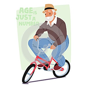 Elderly Gentleman Riding On A Child Bike. Gleeful And Carefree Old Male Character Breaking Age Stereotypes