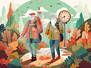 elderly grandfather active couple senior trekking hiking old happy walking. Generative AI.