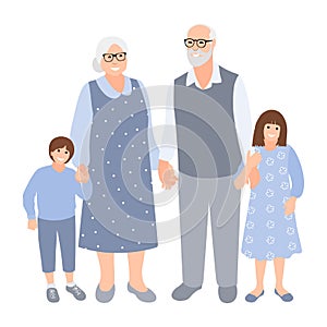 Elderly gray-haired couple with grandchildren spend time together. Family silhouette. Old woman and man with young cute boy and