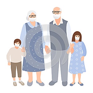 Elderly gray-haired couple with grandchildren spend time together. Family silhouette. Old woman and man with young cute boy and