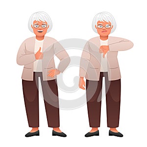 An elderly gray-haired woman with glasses shows a gesture of approval and disapproval. Likes and dislikes. Good and bad