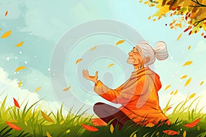 An elderly gray-haired woman practices yoga in an autumn garden against the backdrop of falling leaves.