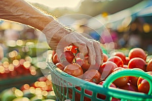 Elderly hand selects ripe tomatoes from a basket at a sunlit farmers' market