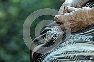 Elderly hands contrast nature in forest