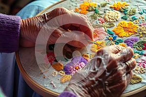 Elderly Hands Embroidering Colorful Flowers