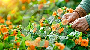 Elderly hands gently care for vibrant orange flowers in a lush garden, symbolizing nurturing and the beauty of age photo