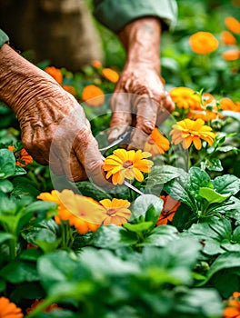 Elderly hands gently care for vibrant orange flowers in a lush garden, symbolizing nurturing and the beauty of age photo