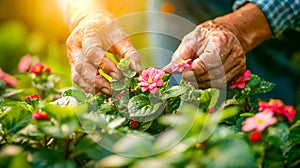 Elderly hands gently care for vibrant pink flowers in a lush garden, symbolizing nurturing and the beauty of age photo