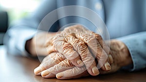 A poignant image of aged hands clasped together, symbolizing a lifetime of experiences photo