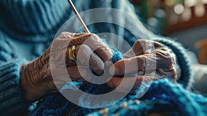The elderly hands knitting. AI generated