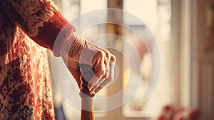 Elderly hands resting on stick indoor. Close up hands of old woman wearing red sweater holding walking stick. Old lady