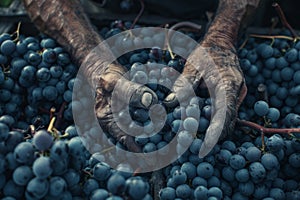 Elderly hands sorting fresh blue grapes at harvest