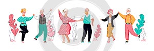Elderly happy people cartoon characters dance vector illustration isolated.