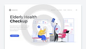 Elderly health checkup home page banner. Male character doctor reports results of medical diagnostics to aged woman.