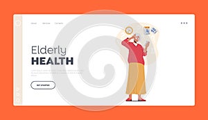 Elderly Health Landing Page Template. Forgetful Senior Woman Suffer of Alzheimer Disease or Senility Dementia