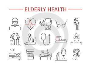 Elderly health line icons set. Retirement cartoon vector design. Vector infographics.