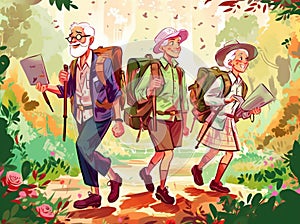 elderly hiking old grandfather senior couple active trekking happy walking. Generative AI.