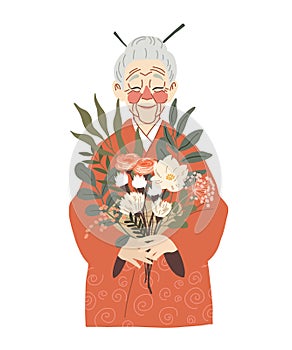 Elderly Japanese Woman Holding Bouquet of Flowers