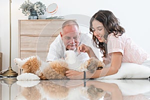 Elderly kind father with beautiful teenage daughter playing with shih tzu puppy dog at home. Caucasian family lying on floor