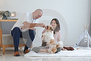 Elderly kind father with his beautiful teenage daughter playing with shih tzu puppy dog at home. Cute Caucasian family having fun