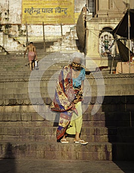 Elderly Lady Descends the Steps