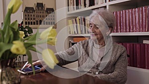 Elderly lady having a video call greets the family saying bye bye to smartphone