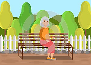 Elderly Lady Sitting on Bench Flat Illustration