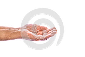 Elderly lady is waiting for help. Elderly, Aging concept. Elderly woman, wrinkled hand palm reaching out forward