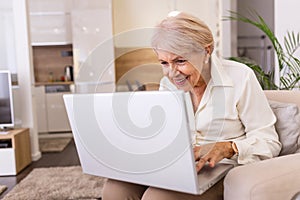 Elderly lady working with laptop. Portrait of beautiful older woman working laptop computer indoors. Senior woman using laptop at